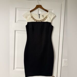 Signature by Sangria Black and Cream Midi Dress with Pearl Accent